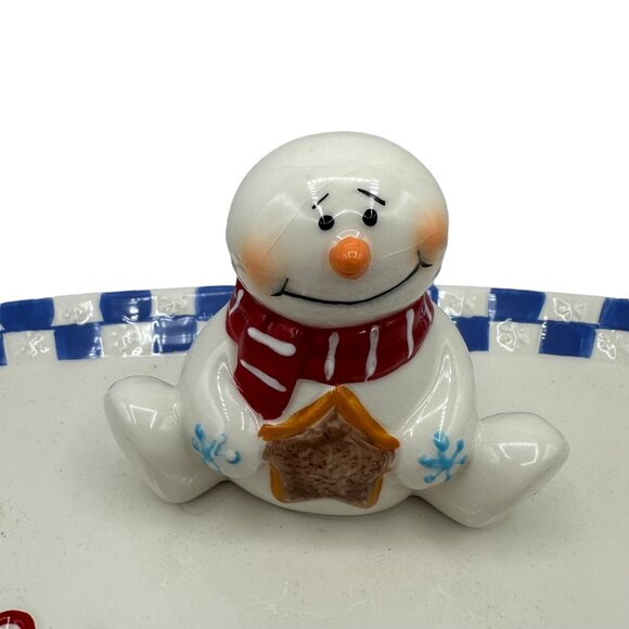 Christmas Snowman Serving Dish Plate Ceramic Pottery Let It Snow Blue White - Picture 2 of 11